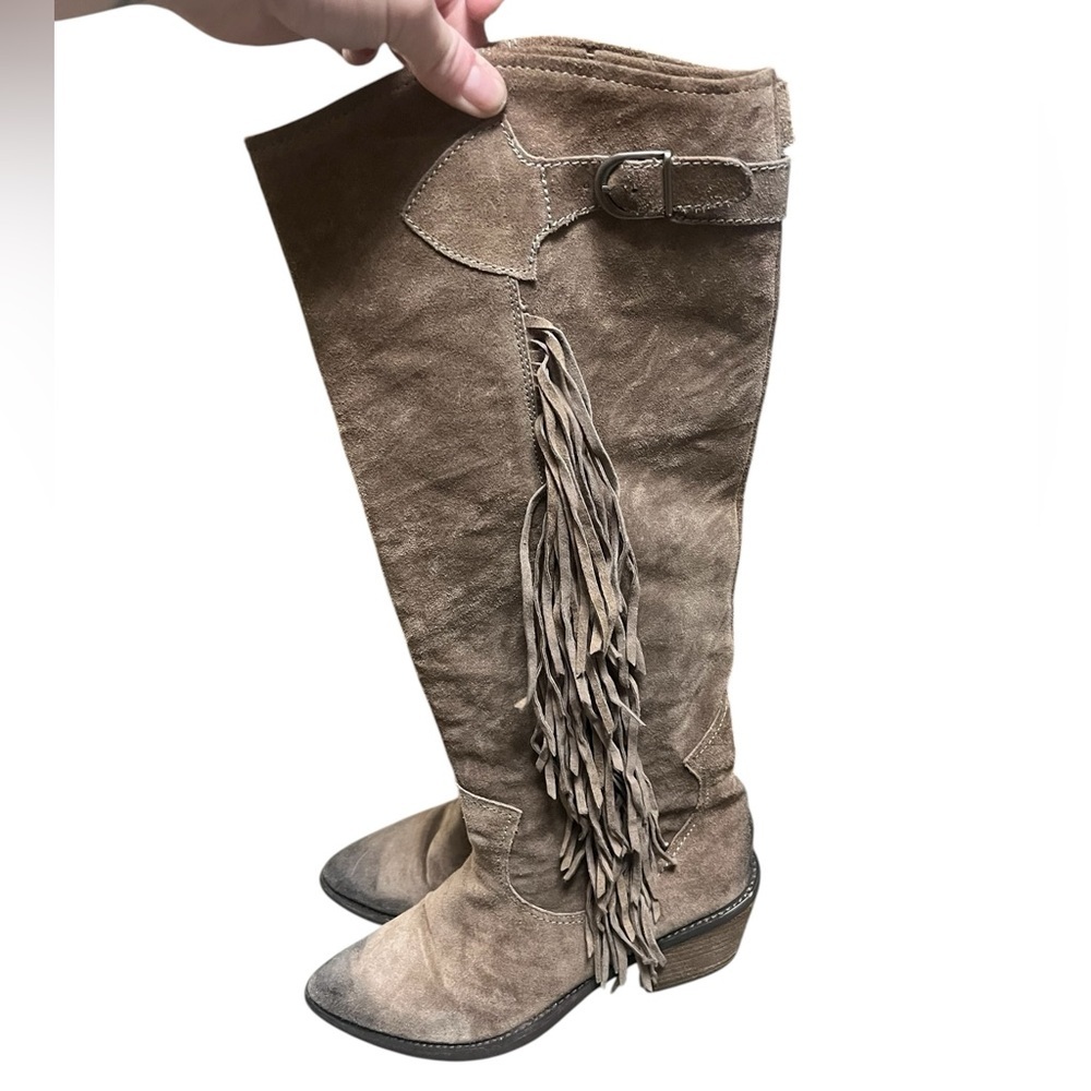 Carlos Santana Ringo taupe suede fringe knee high western distressed boots - Picture 2 of 11